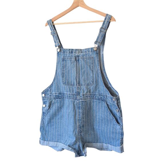 Madewell Womens Pinyon Short Overalls Pinstripe Denim Blue Shortalls XL Farmer - Picture 3 of 5
